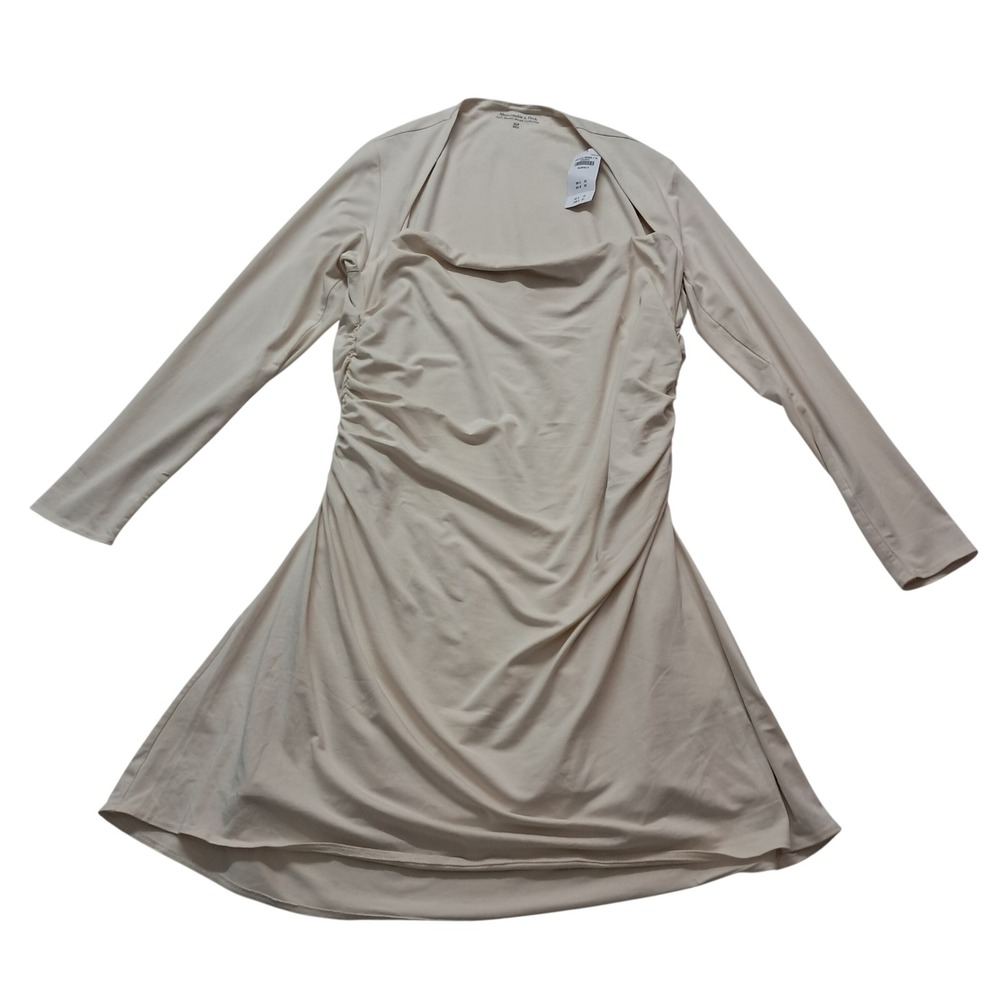 NWT Abercrombie & Fitch Ava Mini Dress Womens XLP Cream Modal Ruched Long Sleeve